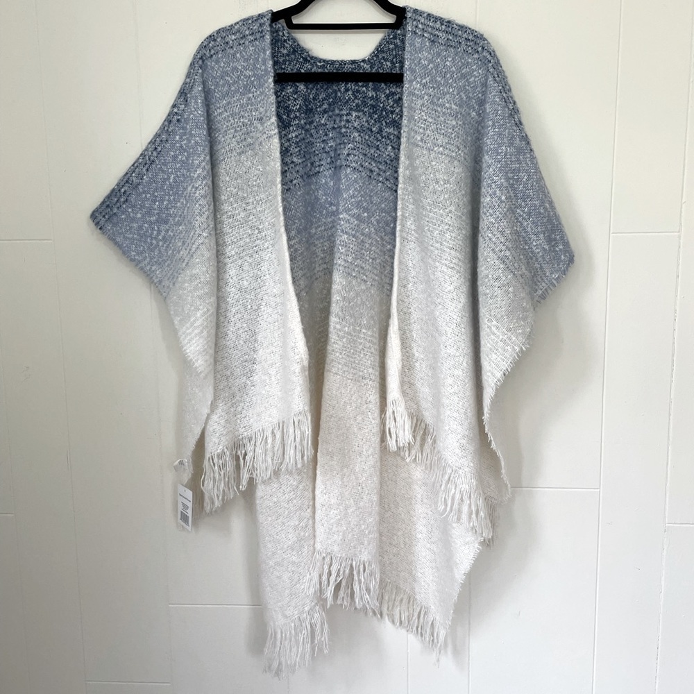 Style 5 NEW Blue White Ombré Knit Poncho Cardigan Shawl Open Front Sweater OSFM